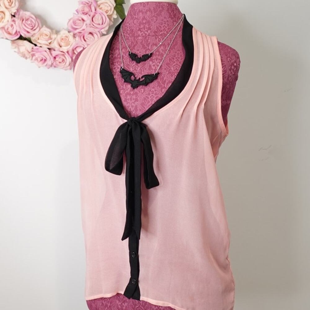 Heart Soul Coral Sheer Sheel Button up Black Bow sleeveless blouse size S